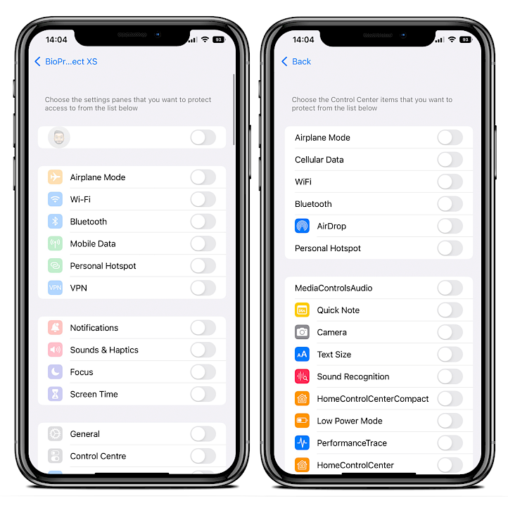 Two iPhone screens showing the BioProtect XS tweak Control Center and Settings pane items selector.