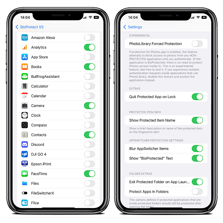 Two iPhone screens showing the BioProtect XS Preference pane in Settings app.