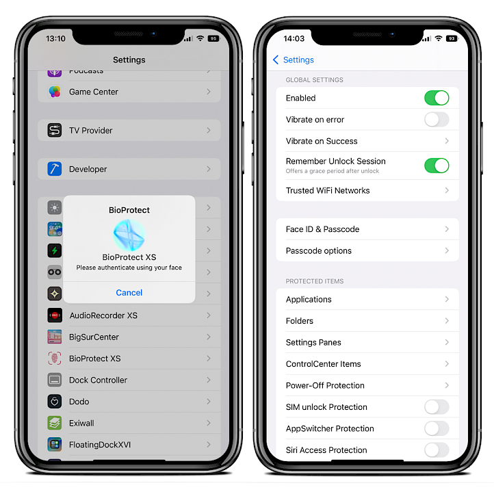 Two iPhone screens showing the BioProtect XS tweak authentication and settings pane.
