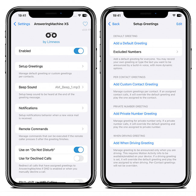 Two iPhone screens showing AnsweringMachine XS tweak on iOS 15.