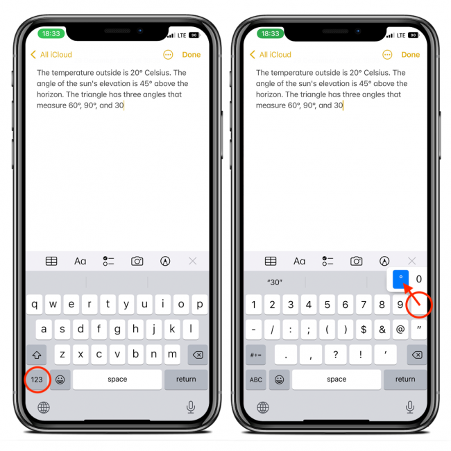 iPhone keyboard degree symbol screenshot