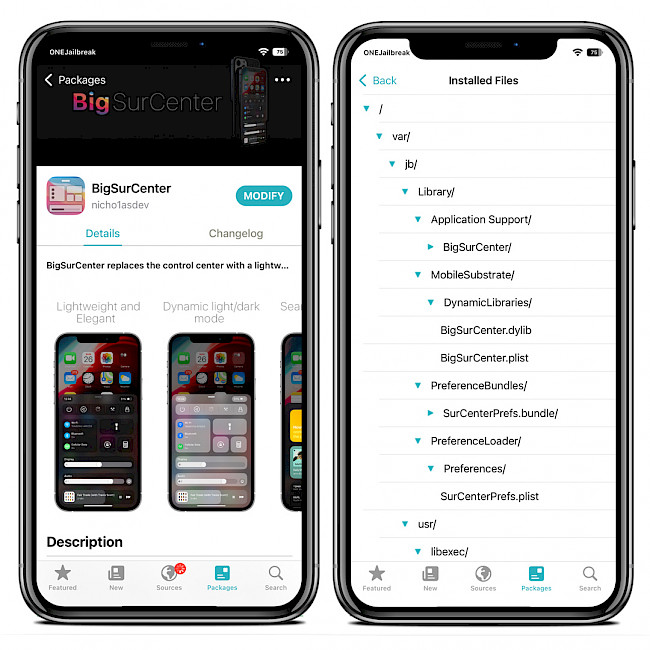 Sileo app showing BigSurCenter Repo and installed files.