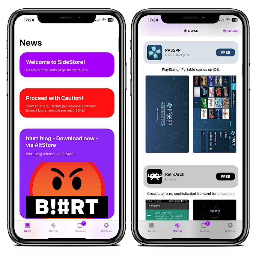 Two iPhone screens showing the SideStore app running on iOS 15.