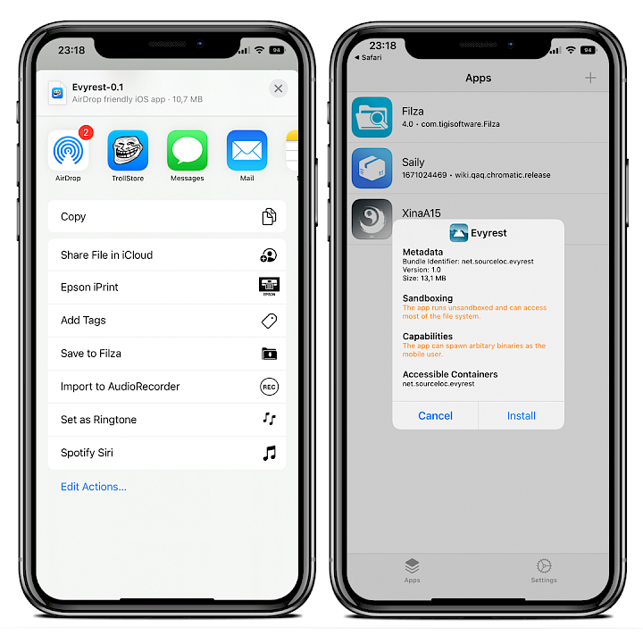 Two iPhone screens showing the installation process of Evyrest IPA using TrollStore app on iOS.