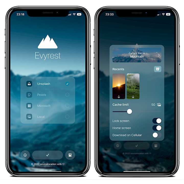 Two iPhone screens showing the Evyrest for TrollStore app interface running on iOS 15.