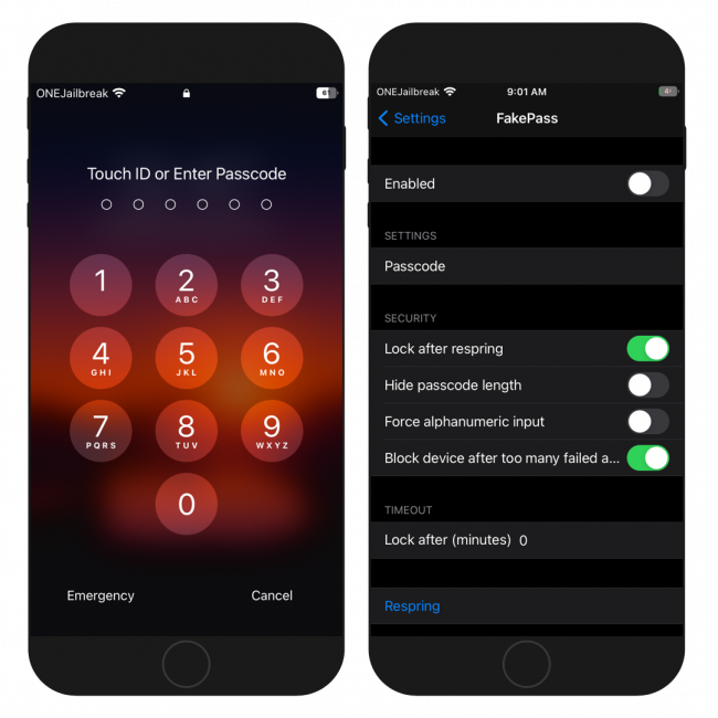 Two iPhone screens showing the FakePass tweak preference pane and enabled Passcode on Lock Screen.