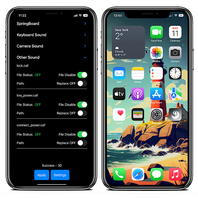 Two iPhone screens showing FileSwitcherX app interface and Dock with disabled background.