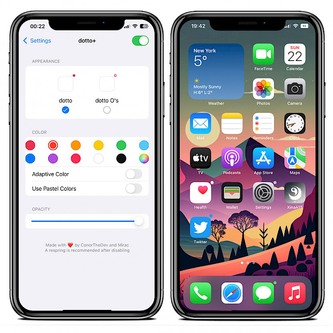 Two iPhone screens showing the dotto+ tweak preference pane and new notifications style on Home Screen.