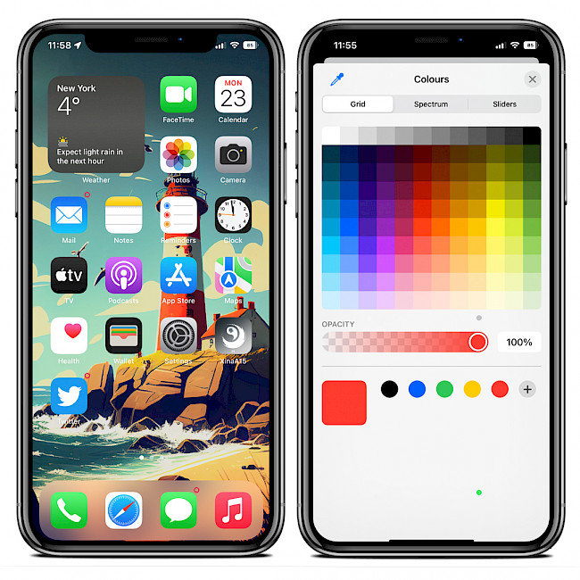 Two iPhone screens showing Home Screen and color picker in dotty+ tweak.