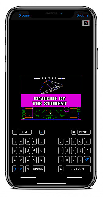 iPhone screen showing Elite game running in ActiveGS emulator on iOS.