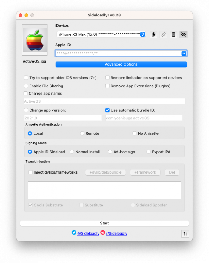 Screenshot of ActiveGS IPA installed with Sideloadly app.