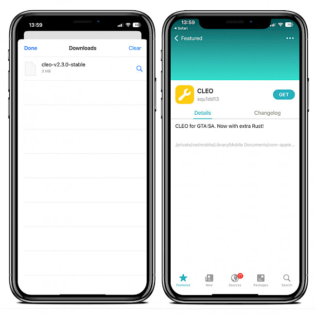 Two iPhone screens showing the installation process of Cleo DEB package on iOS 15.