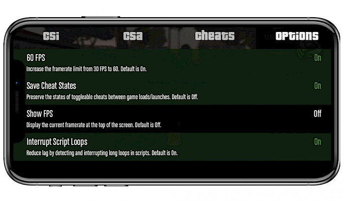 iPhone screen with CLEO iOS modloader running in GTA San Andreas.