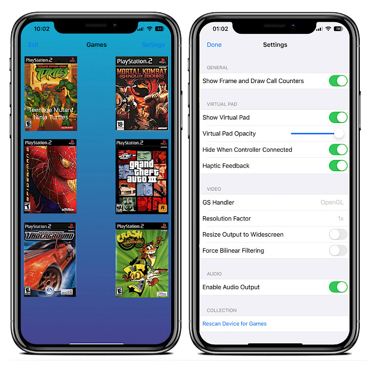 Two iPhone screens showing Play! PS2 emulator for iOS.