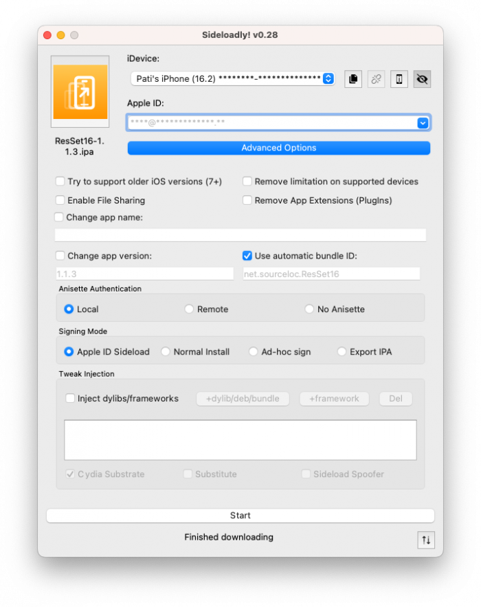 Screenshot of Sideloadly app with configuration for ResSet16 IPA installation.