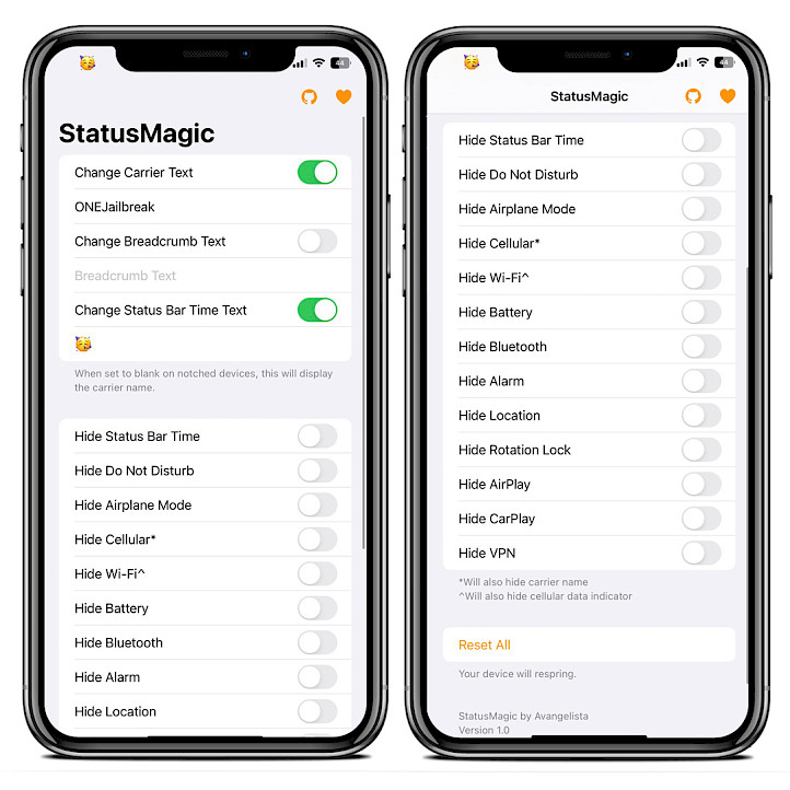 Two iPhone screens showing StatusMagic app interface running on iOS 15.