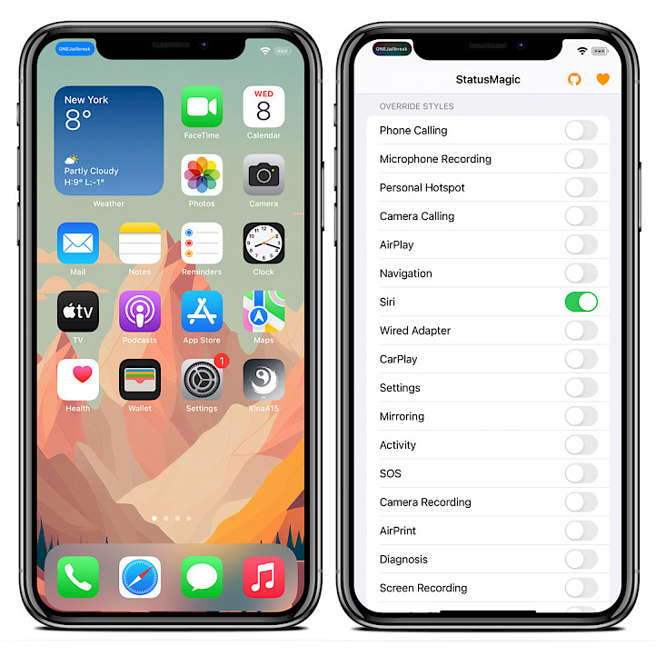 Two iPhone screens showing StatusMagic Style Override feature.