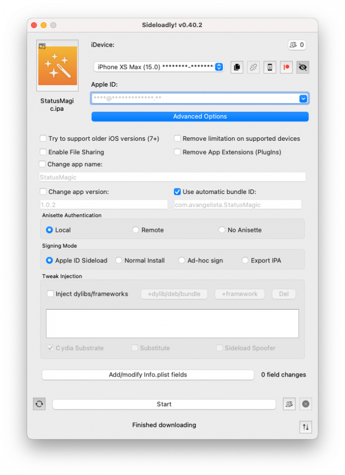 Screenshot of StatusMagic IPA installation process with Sideloadly.