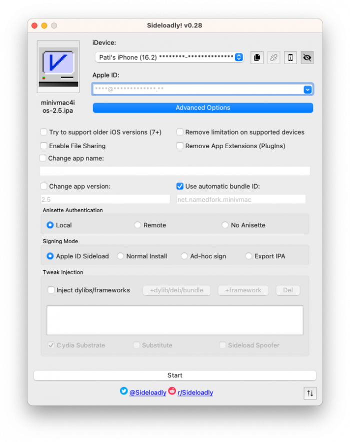 Screenshot of Sideloadly with configuration of Mini vMac IPA.