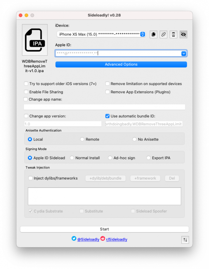 Screenshot of WDBRemoveThreeAppLimit IPA installation with Sideloadly.