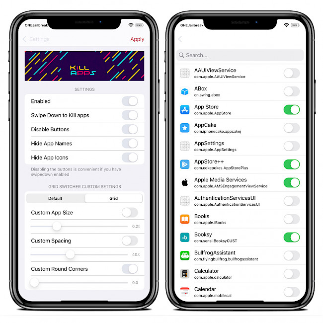 Two iPhone screens showing the KillApps Preference pane in Settings app.