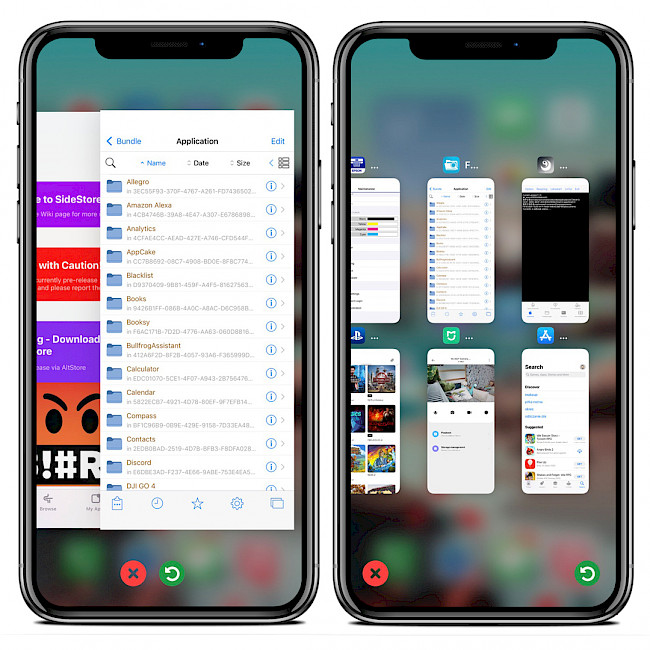 Two iPhone screens showing KillApps tweak enabled in App Switcher on iOS 15.