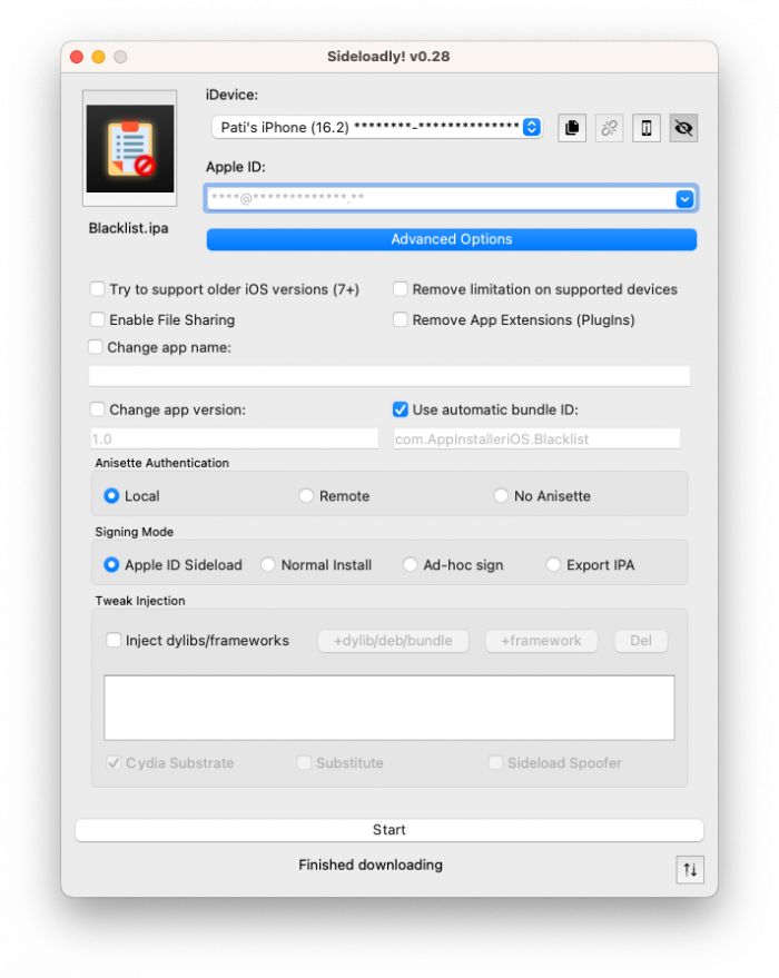 Screenshot of Blacklist IPA installation process with Sideloadly.