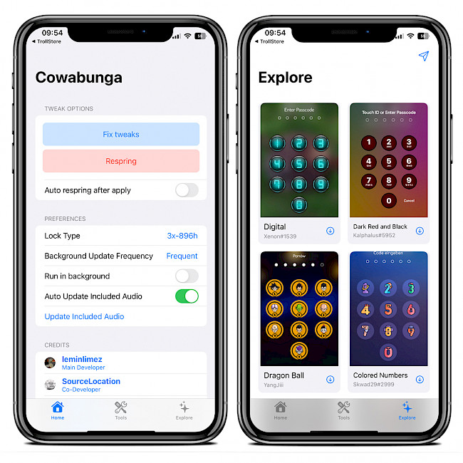 Screenshot of Cowabunga MacDirtyCow app on iOS 15.