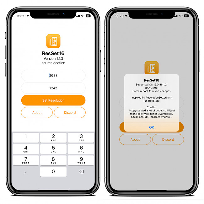 Screenshot of ResSet16 MacDirtyCow app on iOS 15.