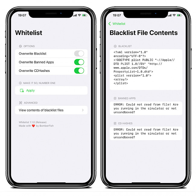 Screenshot of Whitelist MacDirtyCow app on iOS 15.