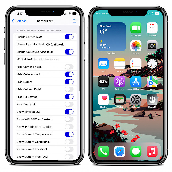 Two iPhone screens showing Carrierizer2 tweak preferences and free RAM in Status Bar.