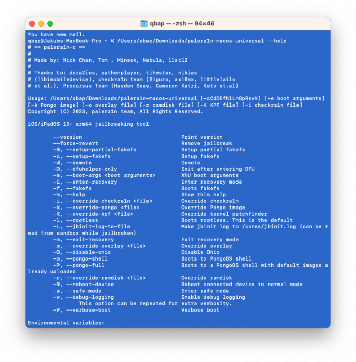 Screenshot of Palera1n-C Jailbreak command line interface.