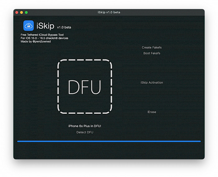 Screenshot of iSkip Free iCloud Bypass software.