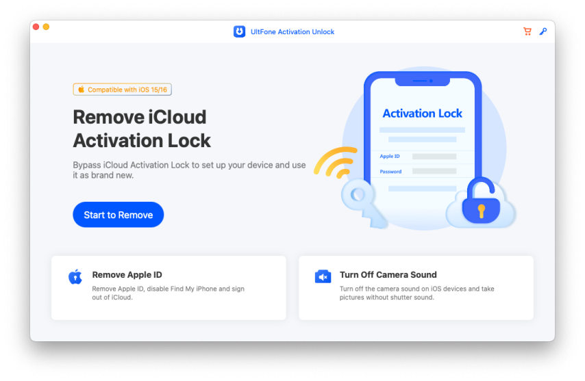 Screenshot of UltFone Activation Unlock iCloud Activation Lock Removal tool.