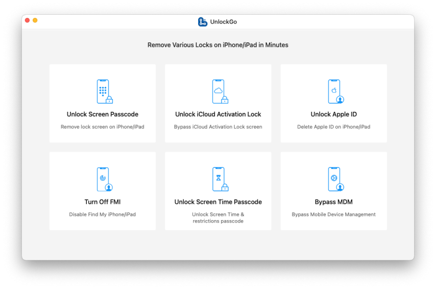 Screenshot of UnlockGo tool to bypass iCloud Activation Lock screen.