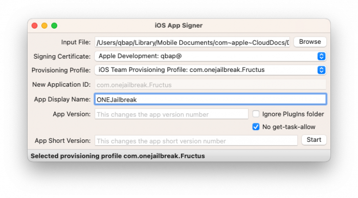 Screenshot of iOS App Signer app running on macOS.