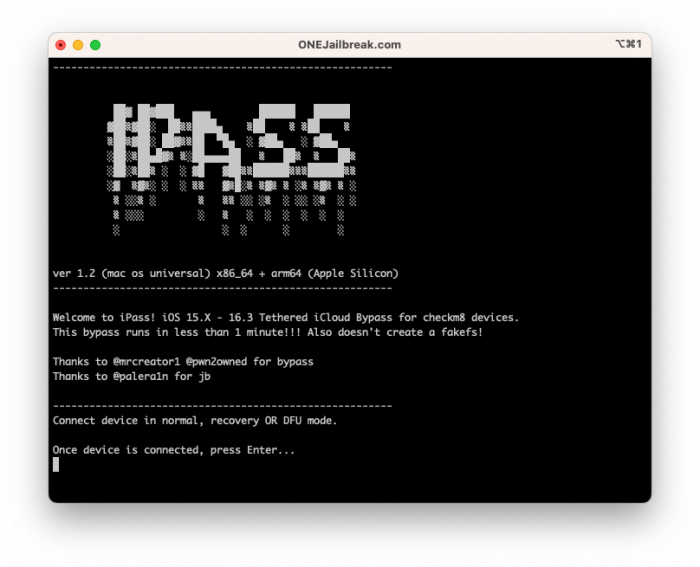 Screenshot of iPass iCloud Bypass for iOS 15 and iOS 16.