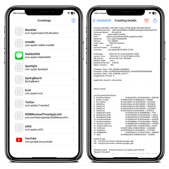 Two iPhone screens showing the KrashKop app running on XinaA15 jailbreak.