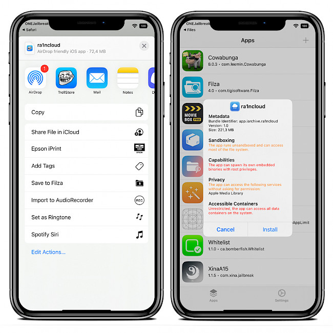 Two iPhone screens showing installation process of Ra1nCloud IPA with TrollStore.