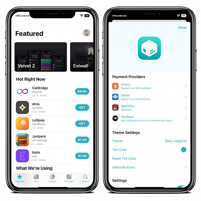 Two iPhone screens showing Sileo running on Ra1nCloud iOS 15 Jailbreak.
