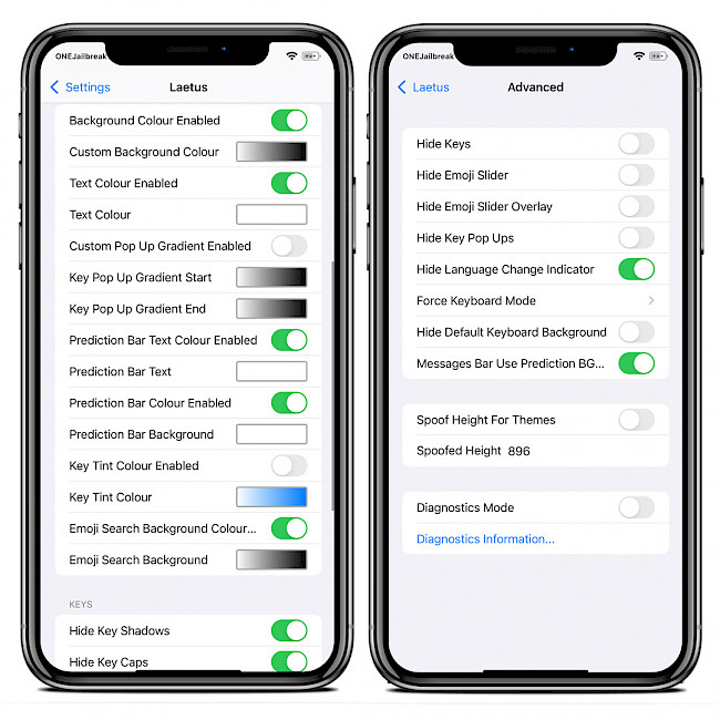 Two iPhone screens showing Laetus tweak preference pane on iOS 15.