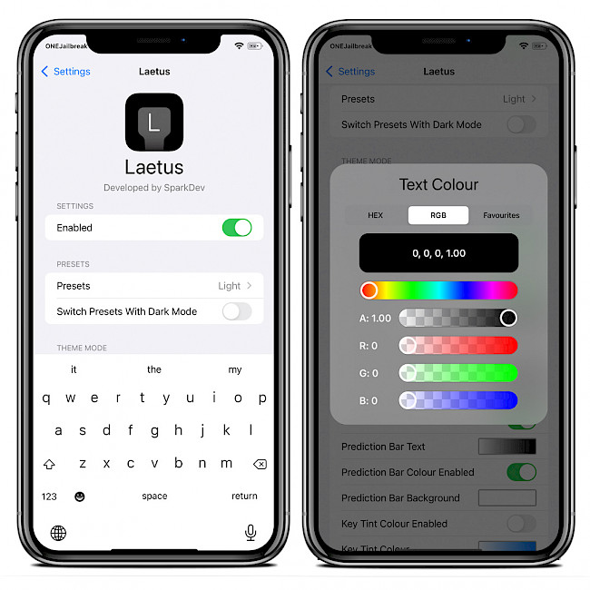 Two iPhone screens showing Laetus tweak.