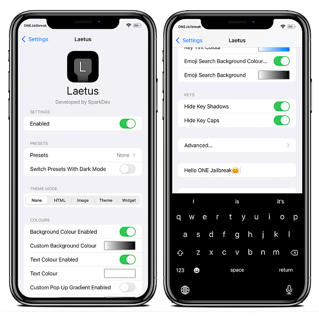 Two iPhone screens showing Laetus tweak preference pane.