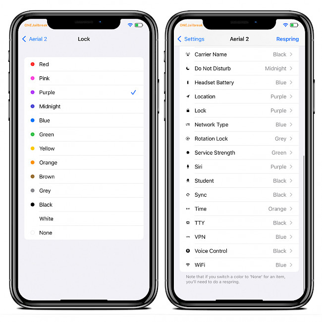 Two iPhone screens show Aerial 2 tweak preferences.