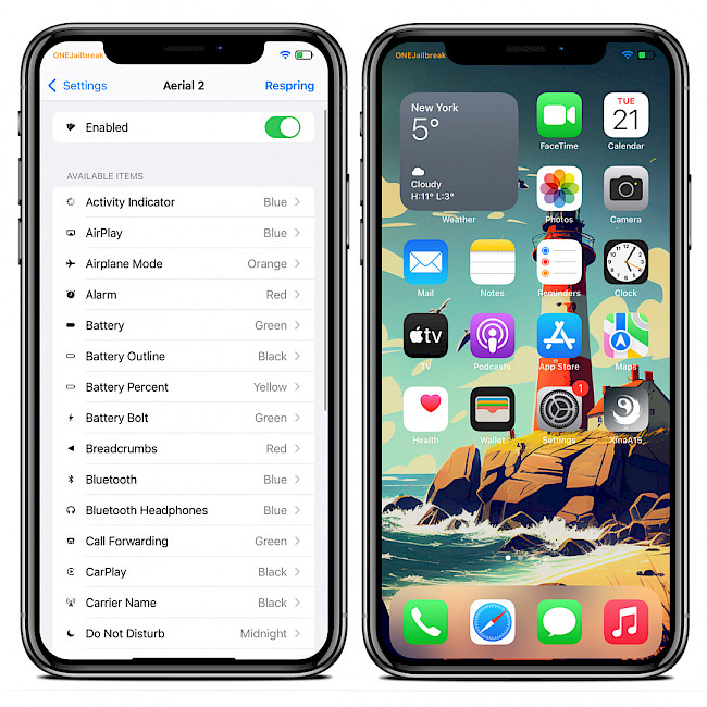 Two iPhone screens showing the Aerial 2 preferences and colorised Status Bar items.