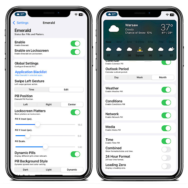 Two iPhone screens showing Emerald tweak preference pane and weather pill in Status Bar.