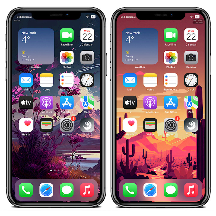 Two iPhone screens showing TrollSpeed HUD on the Home Screen.