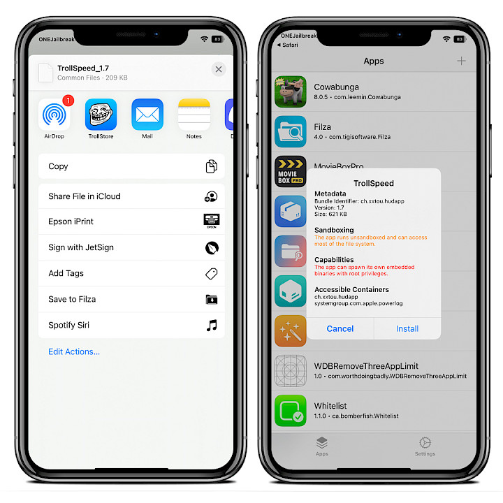 Two iPhone screens showing the installation process of TrollSpeed IPA with TrollStore.