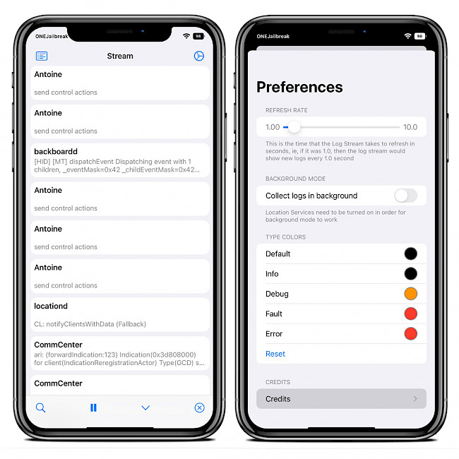 Two iPhone screens showing the Antoine real-time viewer for OSLog System Logs on iOS 15.