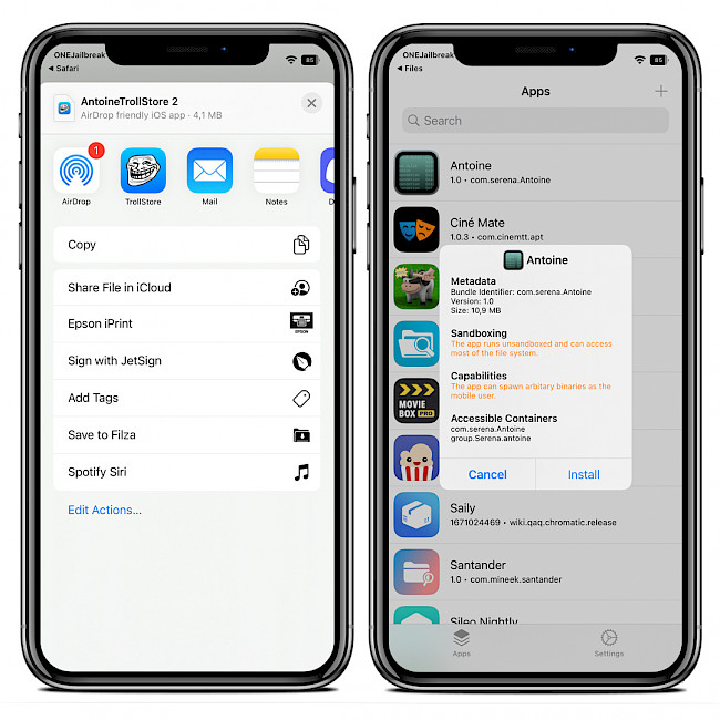 Two iPhone screens showing the installation process of Antoine for TrollStore.